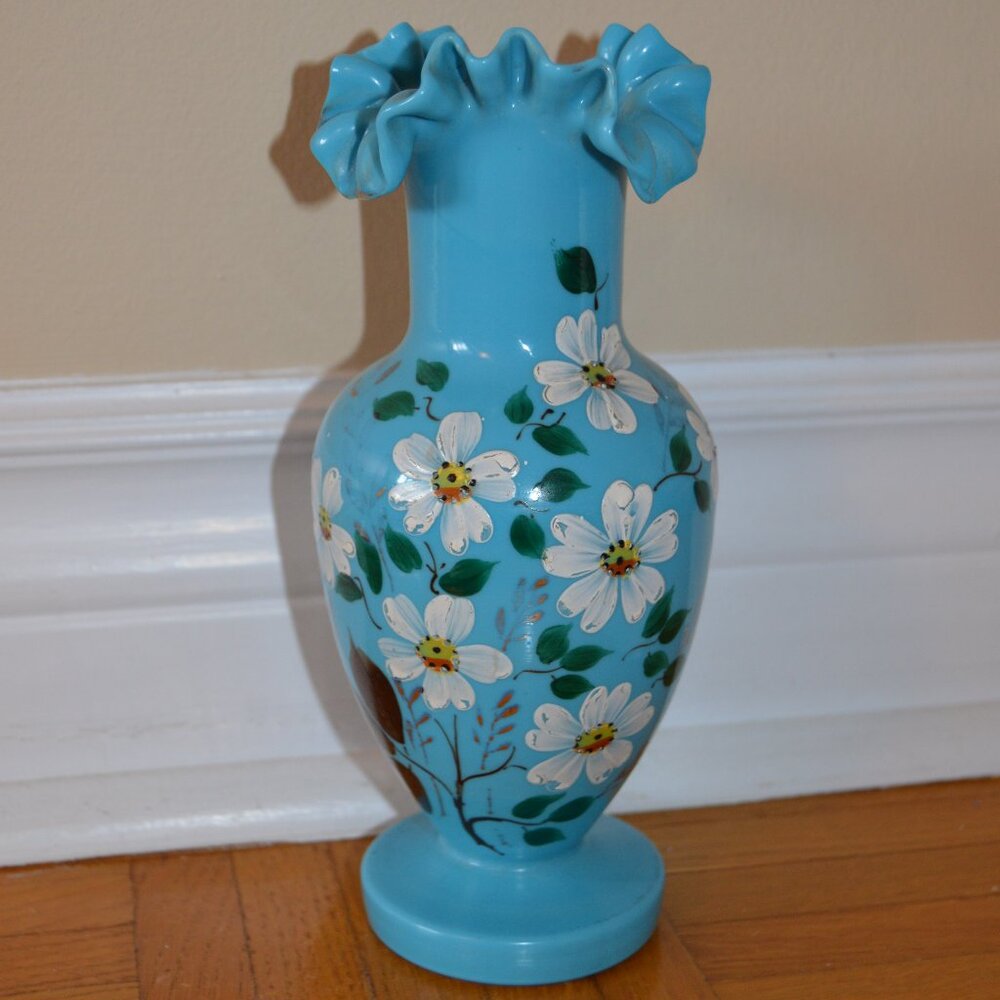 Antique hand blown opaline Bristol glass, ruffle Bohemian glass